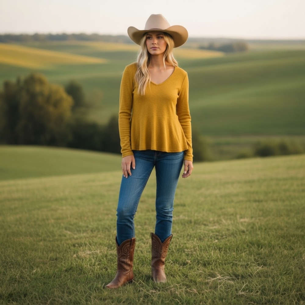 Wrangler Women’s Yellow Mustard V-Neck Babydoll Ribbed Knit Peplum Waist Shirt